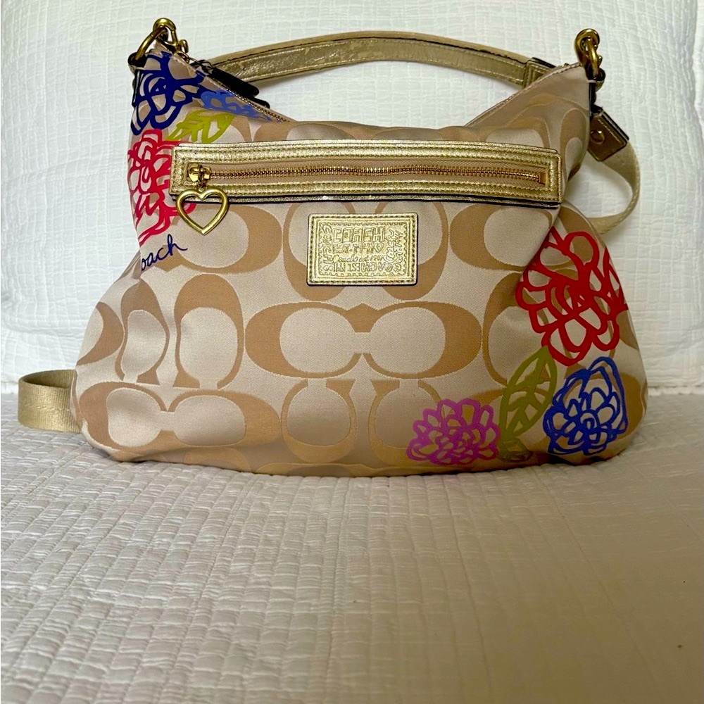 Coach Beige Shoulder Bag with Multicolor Floral Accents